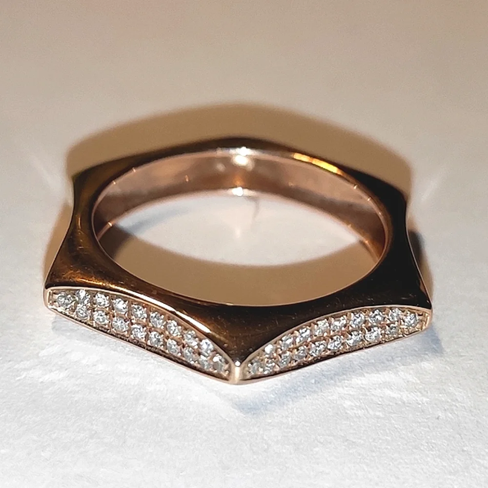 Solid 14K Rose Gold Diamonds Hexagon Ring